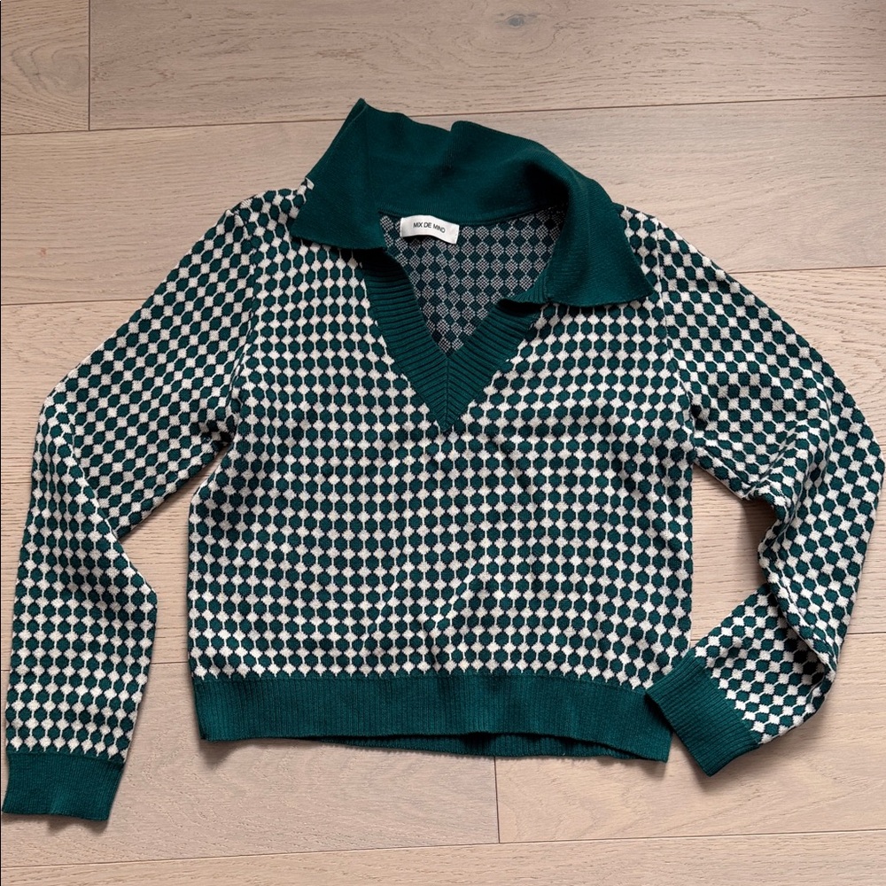 Green and White V-Neck Sweater